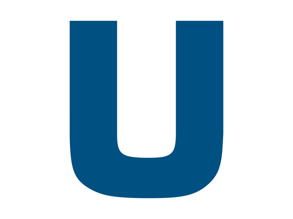 U. Логотип с буквой u. Логотип буква п. Буква u на синем фоне.